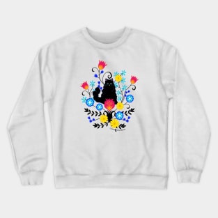 Black Fluffy Cat with Flowers Crewneck Sweatshirt